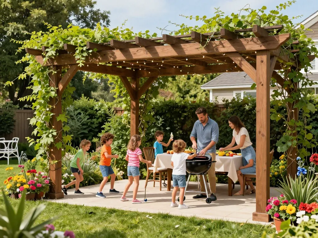 Family enjoying time under a customized pergola designed with an online pergola configurator, surrounded by greenery.