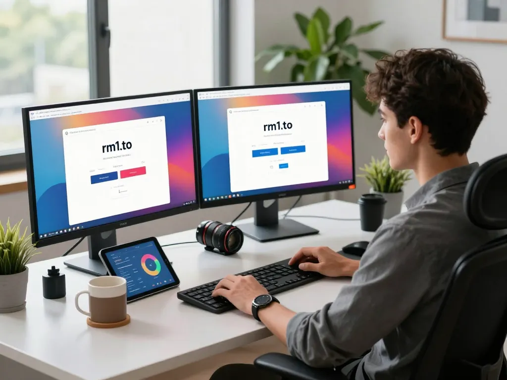 Professional user logging into the rm1.to platform on dual monitors, showcasing a modern tech workspace.