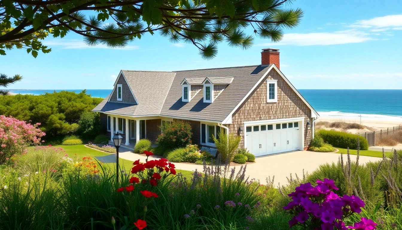 Cape Cod homes with attached garage highlighted by vibrant gardens and ocean view.
