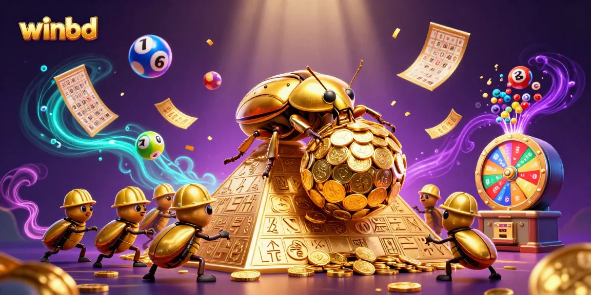 Experience the thrill of winbd with a vibrant 3D illustration showcasing a massive golden dung beetle rolling coins amidst dynamic lottery elements.