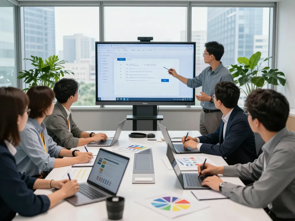Collaborative team meeting using wps官网 in an innovative office setting.