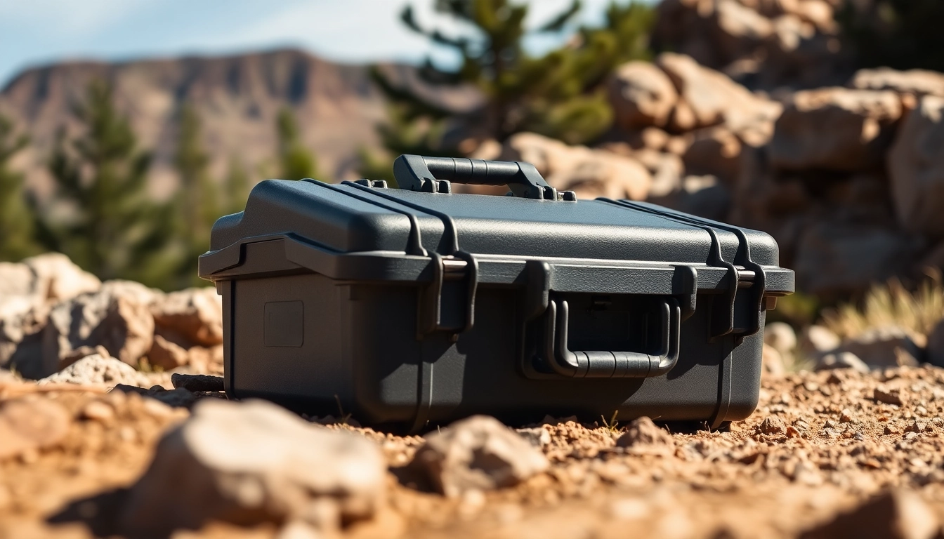 Explore the durability of a Pelican gun case for sale in a scenic outdoor setting.