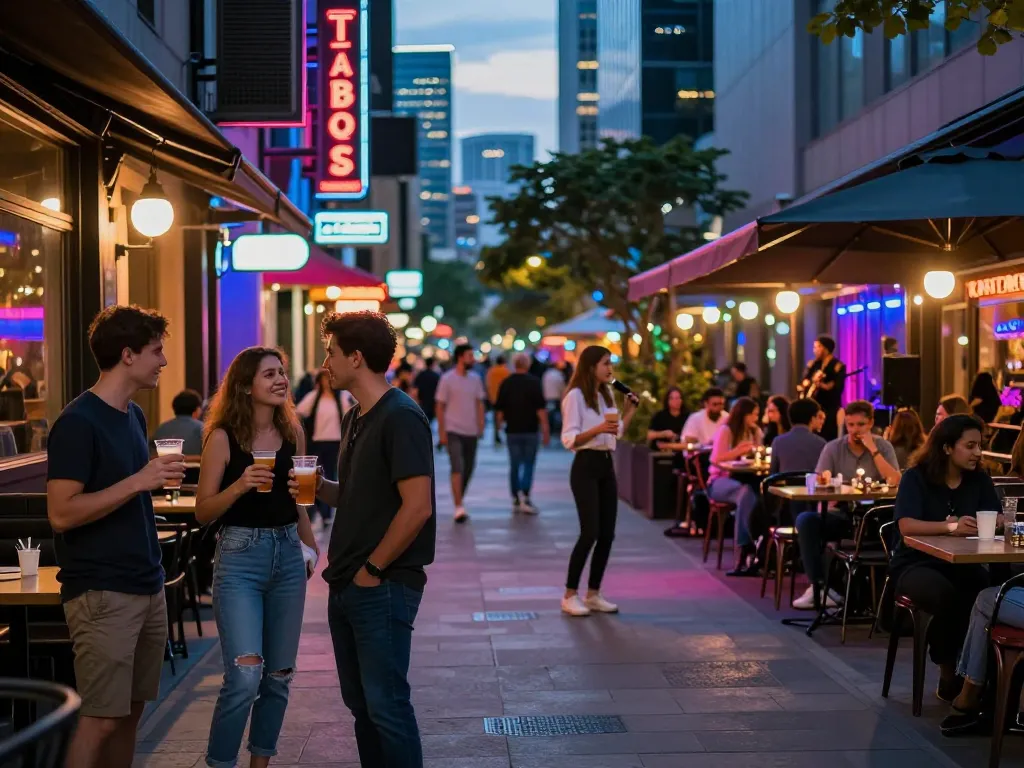 Exploring nsfw nightlife with friends in vibrant urban entertainment district.