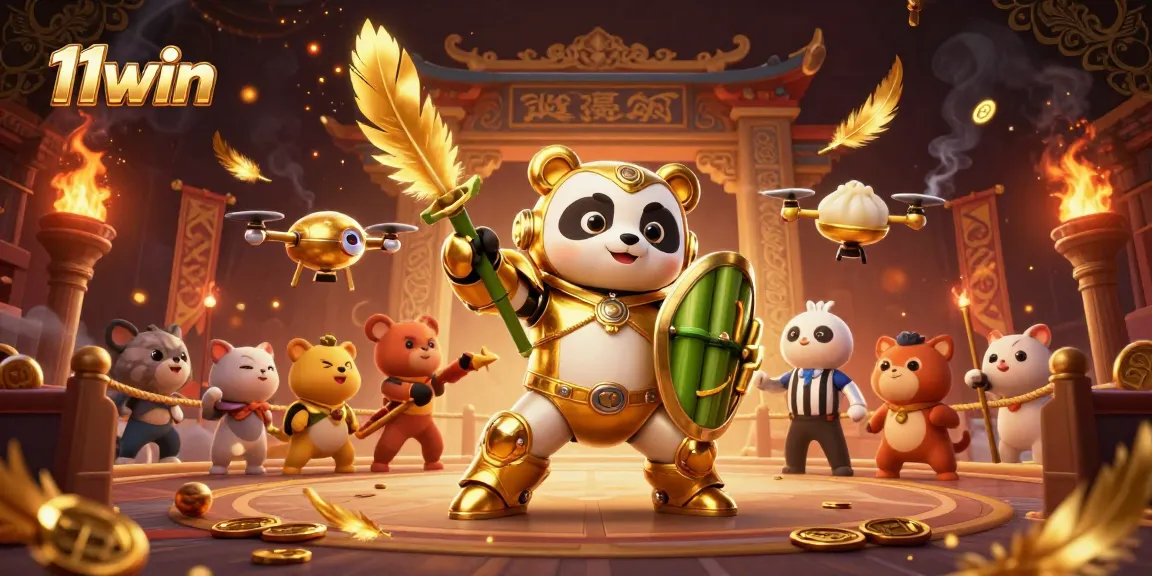 Engage with 11win's vibrant casino-themed illustration featuring a mech-suit panda battling in an arena.
