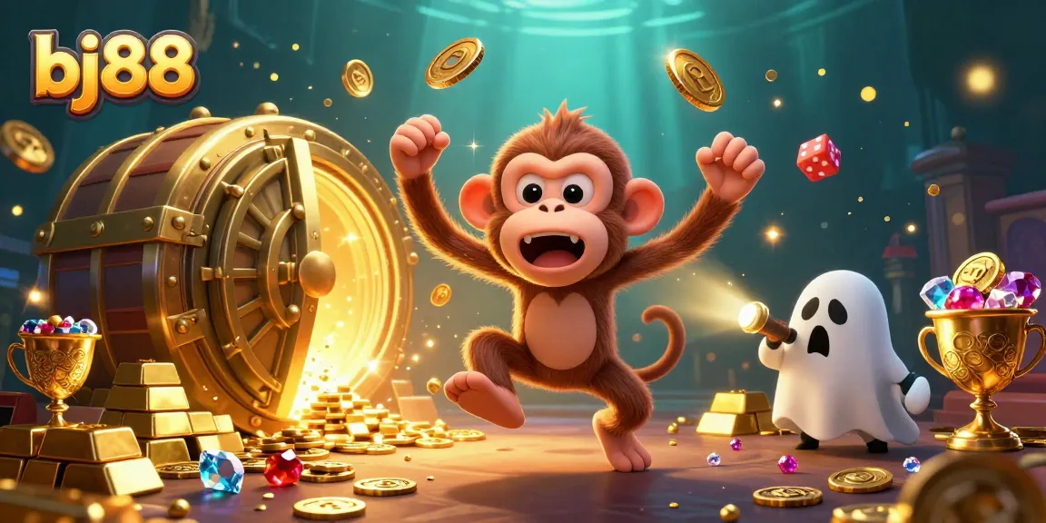 Experience thrilling gameplay at bj88, featuring a monkey juggling gold items in a haunted casino.