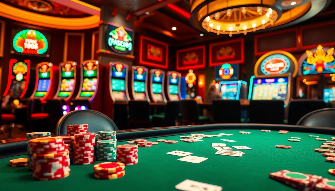 KONG88 players engaging in an intense poker game amid vibrant casino décor and classic slot machines.