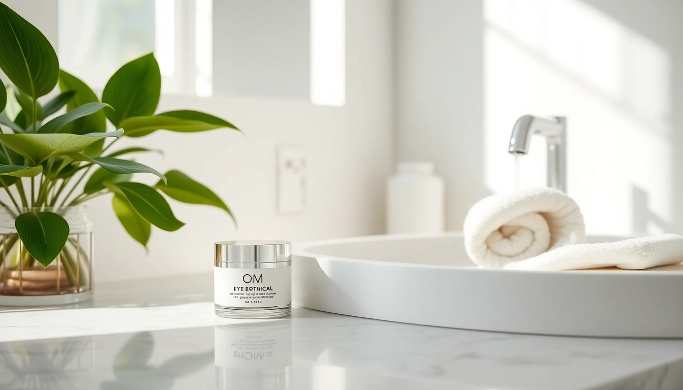 Eye cream with peptides displayed in a serene bathroom setting, surrounded by plants and a calming atmosphere.