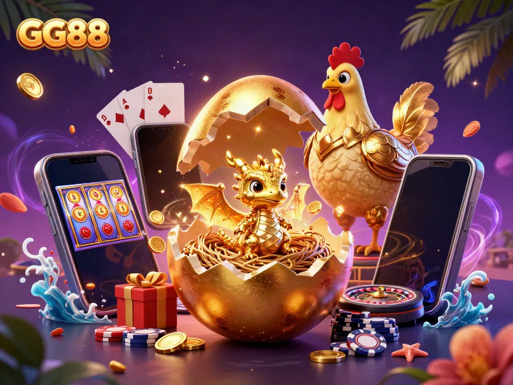Engage in thrilling gaming at GG88 with a golden dragon surrounded by poker chips, slots, and rich casino elements.