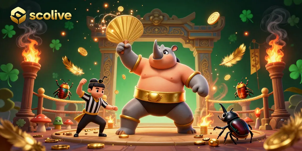 Socolive delivers thrilling betting excitement as a cartoon beetle champion stomps golden coins in an energetic arena.