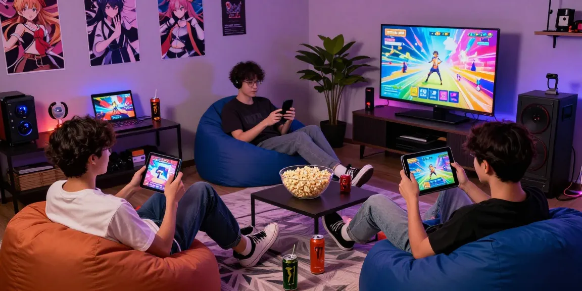 Group enjoying hentaigames in a cozy gaming den filled with vibrant anime décor.