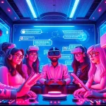 Explore a vibrant AI chat room scene, capturing the essence of crush on ai with animated characters and high-tech interfaces.