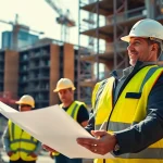 New York Construction Manager collaborating with his team on-site, planning construction projects.