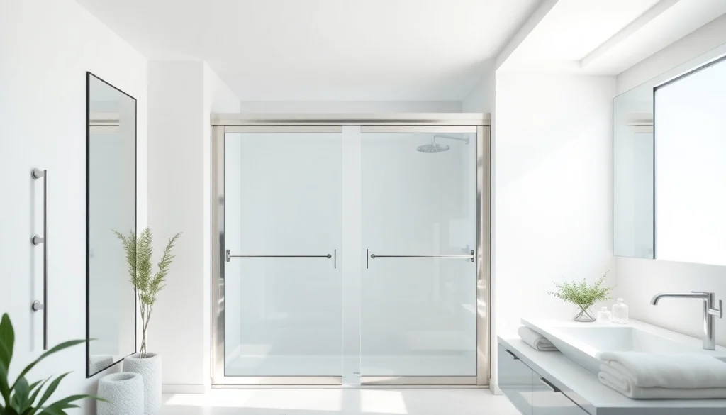 Showcase shower doors sliding with sleek glass design enhancing modern bathroom aesthetics.