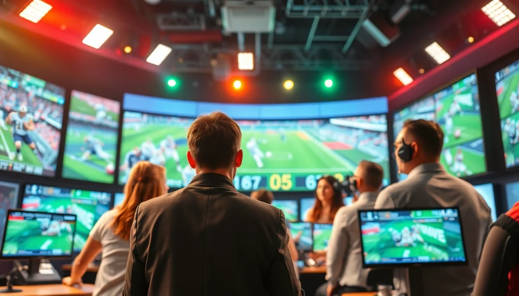 Engaging scene of Sports Broadcasting professionals interacting within a vibrant studio.