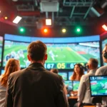 Engaging scene of Sports Broadcasting professionals interacting within a vibrant studio.