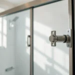 Stylish shower doors sliding elegantly in a contemporary bathroom with brushed nickel details.