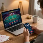 Engaging online blackjack gameplay on lc88.it.com with a player tracking their betting strategy at home.