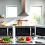 Showcase of microwave oven sales in a modern kitchen environment featuring various designs.