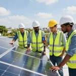 Professionals discussing the CO2-Fußabdruck von PV-Modulen at a solar panel installation on a rooftop with green surroundings.