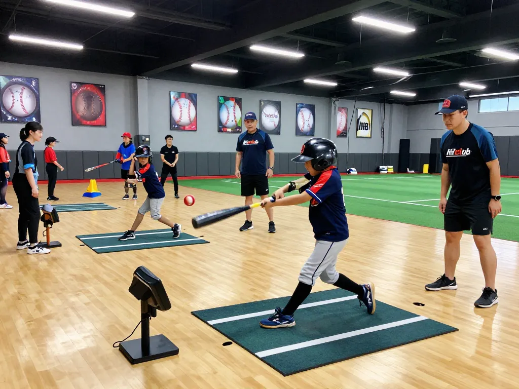 Young athlete practicing hitting at Hitclub training facility with coaches supporting in vibrant indoor environment.
