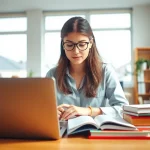 Pay someone to take TOEFL exam for focused student studying in a bright room.