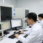 Engineer conducting EMC testing in lab, ensuring declaration of conformity for electronic devices.