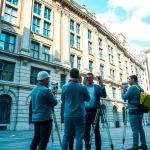 Measured Building Surveyors London assessing a historical building with advanced surveying technology.