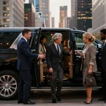 Chauffeur opening Cadillac Escalade door for elegant clients in Chicago's surrounding areas (high value).