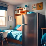 Smart dorm room fridge nestled in a stylish dormitory corner, enhancing student life.