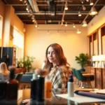 Hair colour specialist expertly applying color in a warm, inviting salon setting.