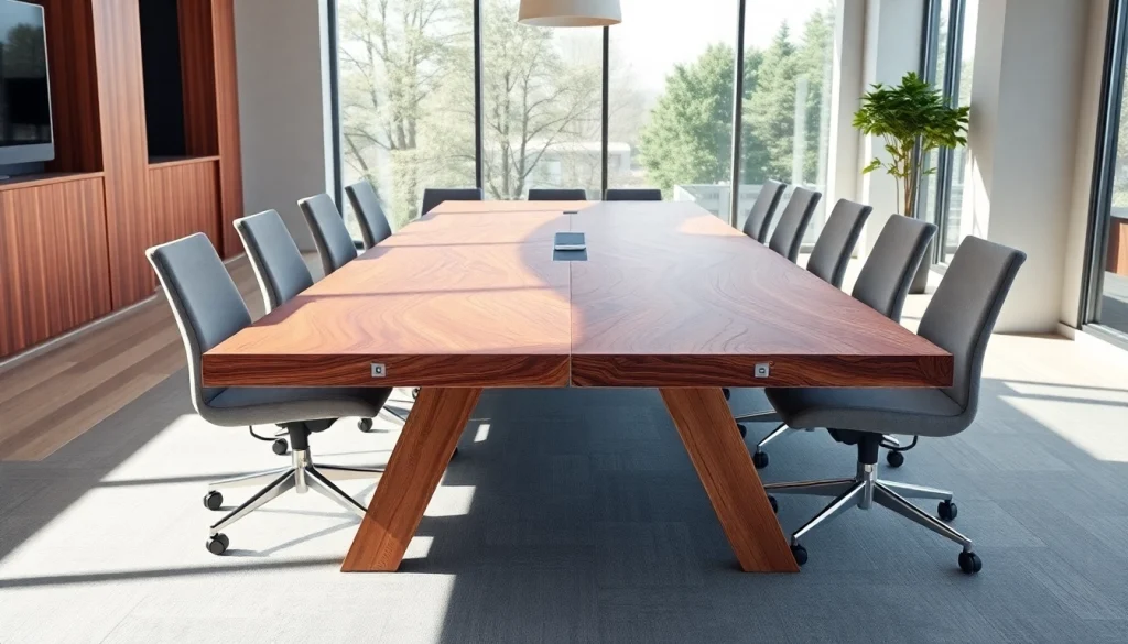 Stylish conference table showcasing solid hardwood craftsmanship and integrated power features in a modern office setting.