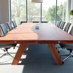 Stylish conference table showcasing solid hardwood craftsmanship and integrated power features in a modern office setting.