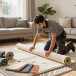 Experienced carpet fitters near me working in a sunny living room with modern decor and carpeting tools