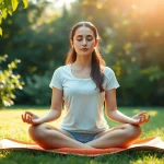 Meditating woman in tranquil garden embodies mental wellness through serene surroundings and natural light.