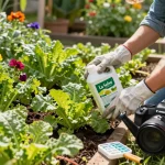 Jardinero aplicando fertilizante de La Selva Organics en un jardín floreciente, nutriendo plantas orgánicas.