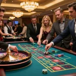Players at a roulette table in a man club casino, enjoying excitement with vibrant chips and croupier.