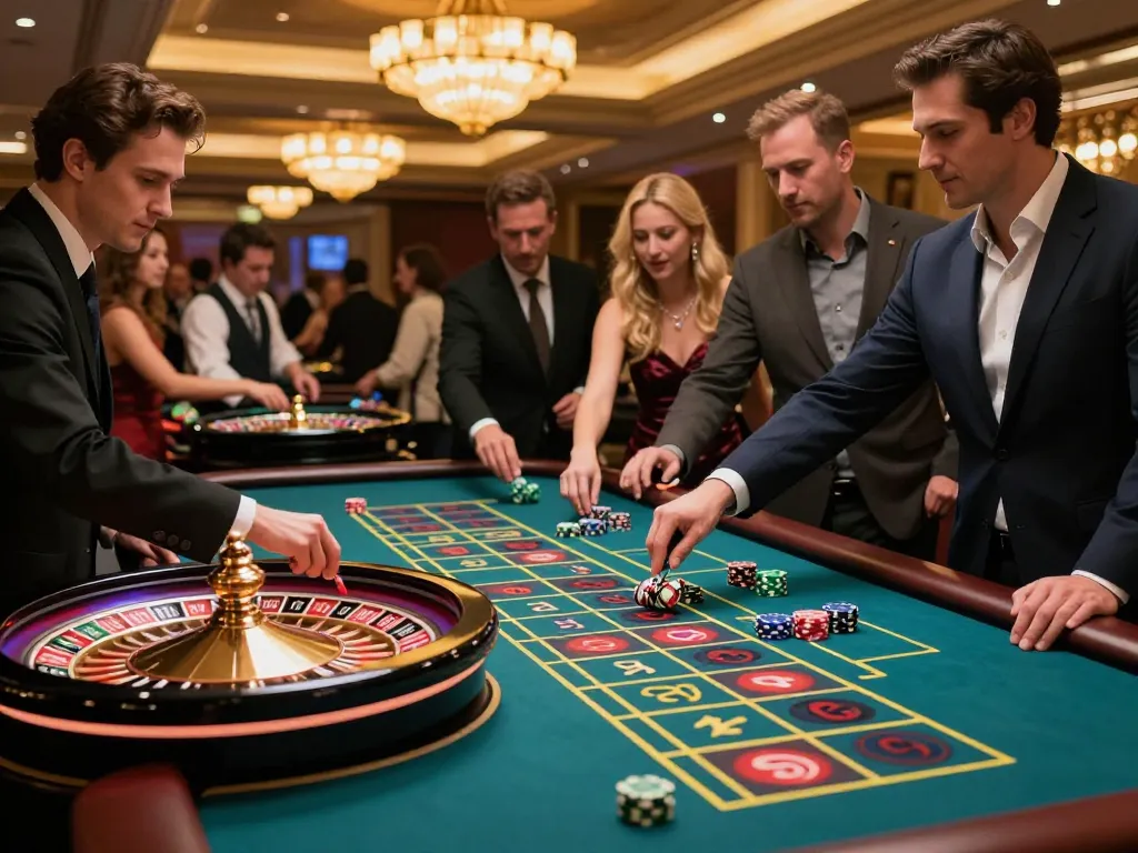 Players at a roulette table in a man club casino, enjoying excitement with vibrant chips and croupier.