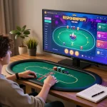 Engaging online poker session at home with FC88 on the screen, capturing strategic gameplay and relaxed atmosphere