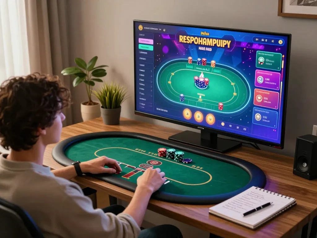 Engaging online poker session at home with FC88 on the screen, capturing strategic gameplay and relaxed atmosphere