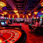Experience the excitement of pg88 with players at a luxurious casino table surrounded by vibrant slot machines.