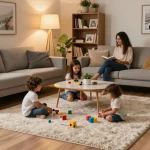Cozy living room with affordable carpets London, family enjoying comfort and warmth.