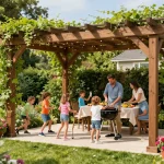 Family enjoying time under a customized pergola designed with an online pergola configurator, surrounded by greenery.