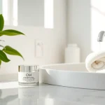 Eye cream with peptides displayed in a serene bathroom setting, surrounded by plants and a calming atmosphere.