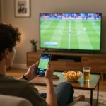 Person using CakhiaTV for live sports betting, surrounded by snacks in a cozy environment.