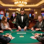 Hitclub players engaging in blackjack strategy at a luxurious casino table