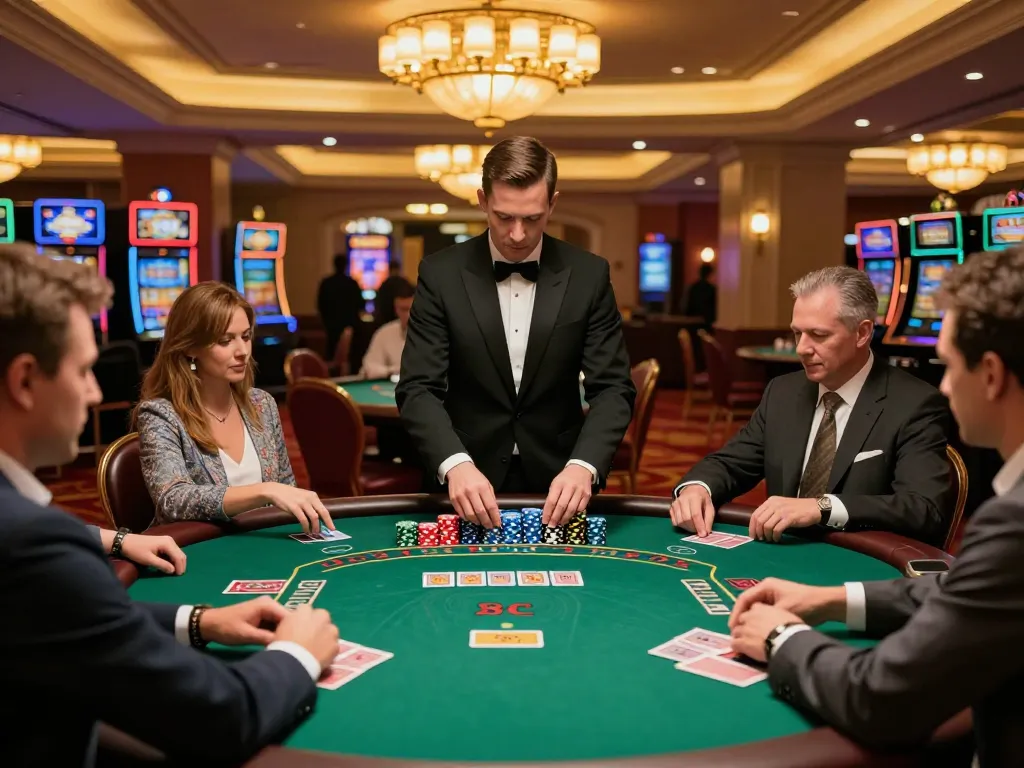 Hitclub players engaging in blackjack strategy at a luxurious casino table