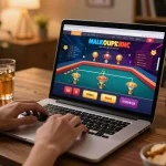 Engaged player enjoying live dealer games at tr88 online casino on laptop, warm home atmosphere