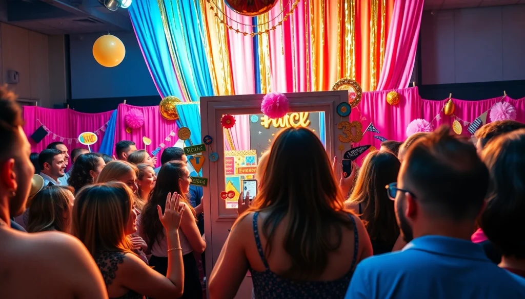 Capture fun moments with a vibrant photo booth rental, featuring joyous guests and colorful props.
