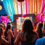 Capture fun moments with a vibrant photo booth rental, featuring joyous guests and colorful props.