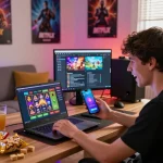 Excited player exploring Betflix slot games on laptop and smartphone in vibrant gaming setup.